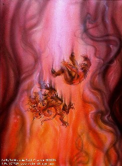 A picture of Antichrist and his False Prophet being cast into the Lake of Fire.