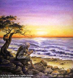 A picture of the Apostle John sitting on the shore of the island of Patmos.