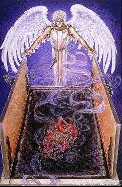 A picture of a mighty angels looking down on Satan who is in chains in a pit.