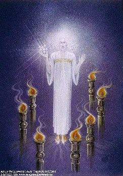 A picture of Jesus Christ standing in the midst of seven burning lampstands.