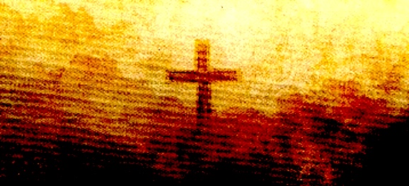 A picture of a golden cross in the clouds of heaven.