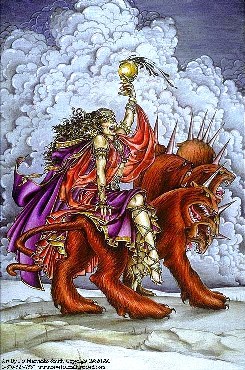 A picture of a rich harlot riding on a scarlet beast.