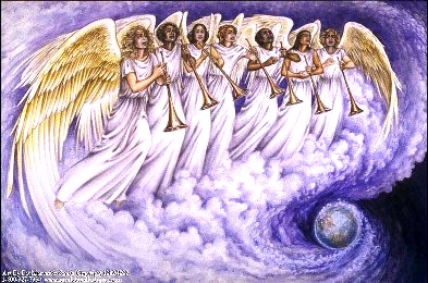 A picture of the seven angels of the Trumpet Judgments with their seven horns.