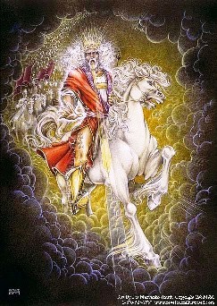 A picture of the glorified Christ riding a great white stalion and coming on the clouds of Heaven.