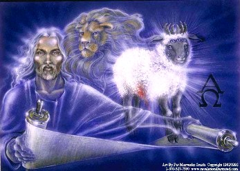A picture of a lamb slain, a lion, and Jesus Christ holding an open scroll.