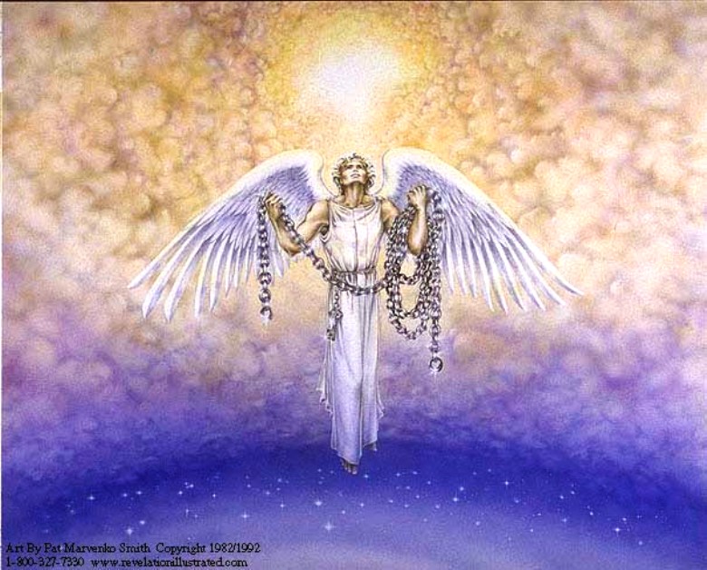 A picture of a  mighty angel carrying a chain.