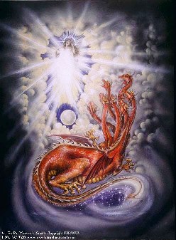 A picture of a resplendent pregnant woman being accosted by an ominous red dragon.