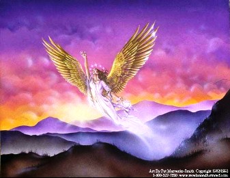 A picture of a resplendent woman flying through the skies with eagles wings.